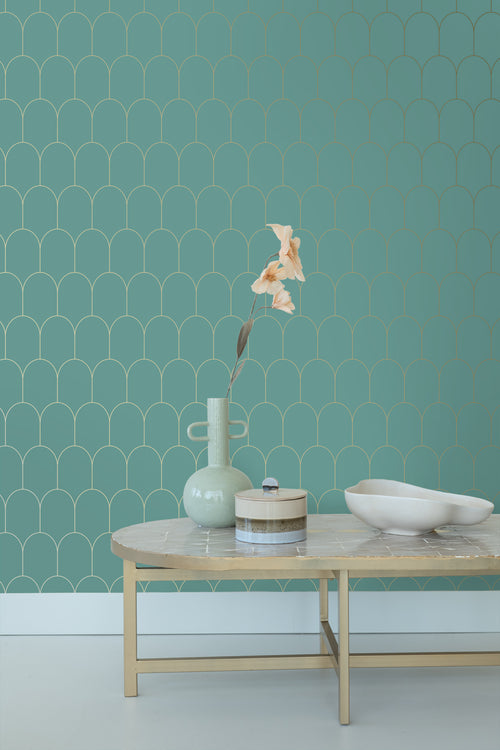 ESTAhome behang art deco motief zeegroen en goud - 53 cm x 10.05 m - 139204