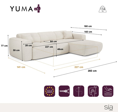 Sia Home - Hoekbank met slaapfunctie YUMA - gewaafd fluweel crème 283cm