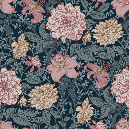 ESTAhome behang vintage bloemen blauw en oudroze - 53 cm x 10.05 m - 139382