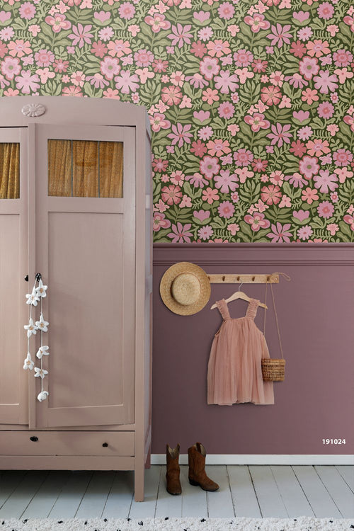 ESTAhome behang bloemetjes groen, roze en paars - 50 x 900 cm - 132293