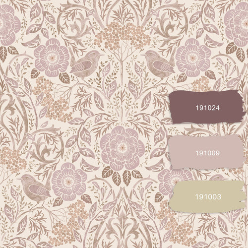 ESTAhome behang bloemen en vogels zand beige en lila paars - 53 cm x 10.05 m - 139829