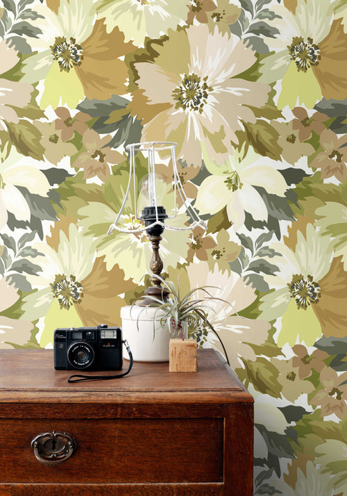 ESTAhome behang bloemen olijfgroen - 50 x 900 cm - 131262