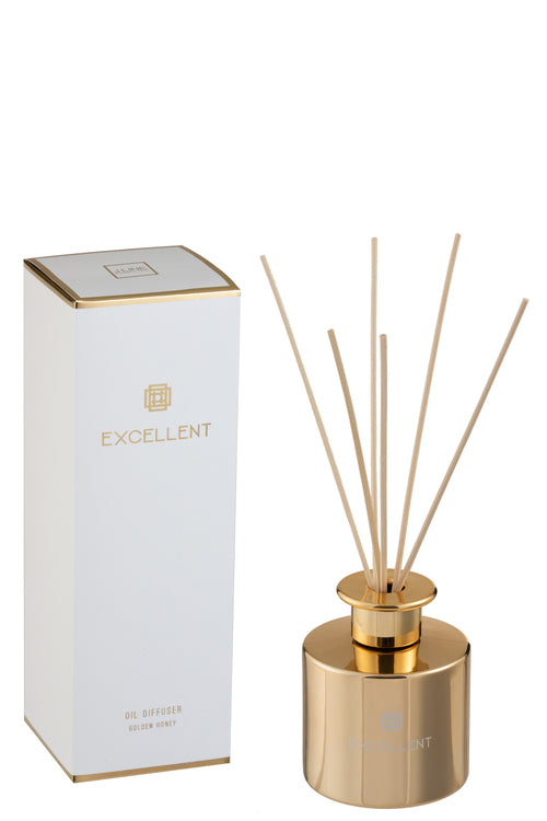 J-Line geurolie + stokjes Excellent - Golden Honey - glas - goud - 150 ml