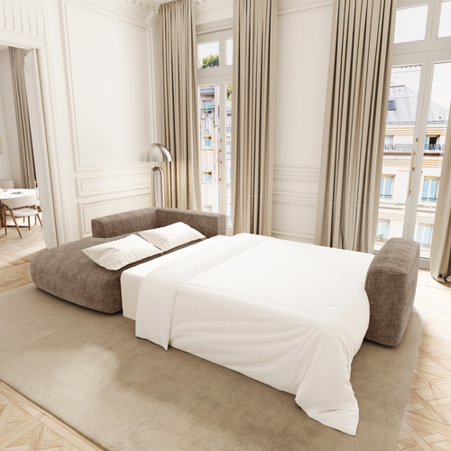 Premium Interiors - Linkshoekbank met slaapfunctie en opbergruimte COMO - zacht aanvoelende geweven stof bruin 297cm