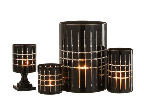 J-Line theelichthouder op voet Geruit -  glas - zwart