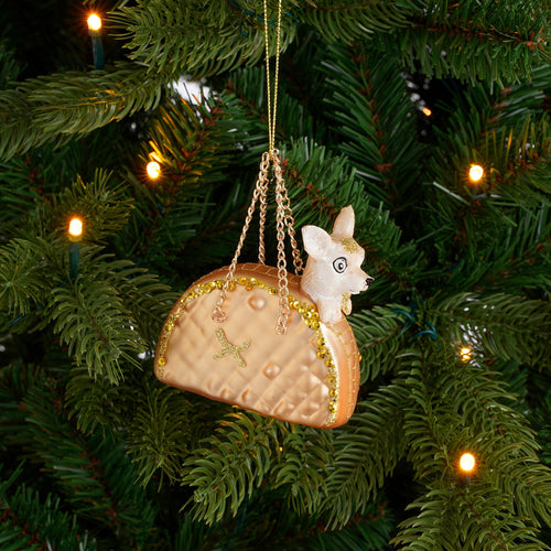 House of Seasons Kerst Ornament Handtas met Hond - L9 x B4 x H8 cm - Goud