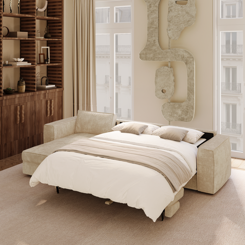 Premium Interiors - Hoekbank (links) MIKA - zacht aanvoelende geweven stof beige 292cm