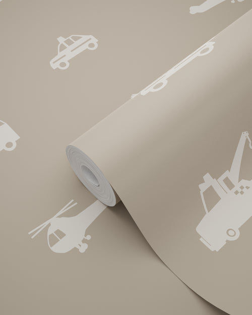ESTAhome behang auto's, brandweerauto's, helikopters en kranen taupe - 53 cm x 10.05 m - 131399 - vtwonen shop