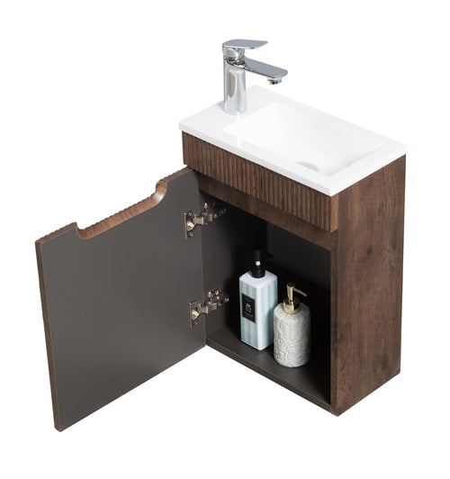 Badplaats Toiletmeubel Thermis 40 x 22 cm – Walnoot Bruin – Fonteinmeubel met Witte Wastafel