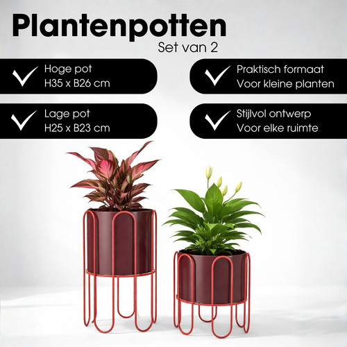 Mica Decorations Dione Bloempot op Standaard - Plantenpot Set van 2 - Plantenstandaard H35 x Ø26 cm - Plantenhouder van Metaal - Pottenset - Rood