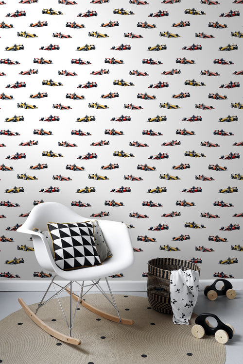 Sanders & Sanders behang race auto's rood, oranje en geel - 50 x 900 cm - 935373
