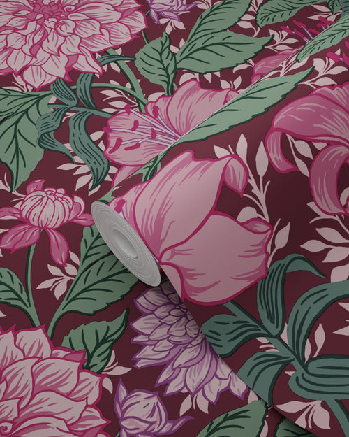 ESTAhome behang vintage bloemen fuchsia roze, paars en groen - 50 x 900 cm - 131128 - vtwonen shop