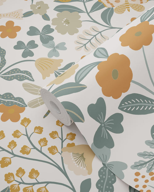 ESTAhome behang bloemen en vogels grijsblauw, olijfgroen en okergeel - 53 cm x 10.05 m - 139865