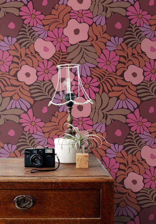 ESTAhome behang bloemen in Matisse stijl roze, paars en terracotta - 50 x 900 cm - 131136 - vtwonen shop