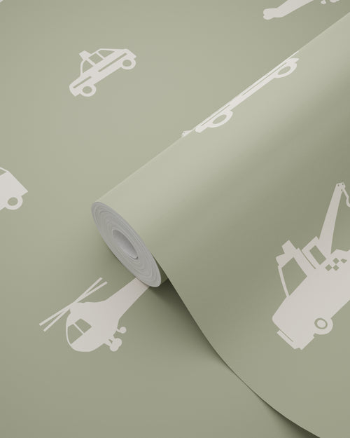 ESTAhome behang auto's, brandweerauto's, helikopters en kranen vergrijsd groen - 50 x 900 cm - 131454 - vtwonen shop