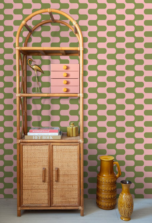 ESTAhome behang golvende lijnen groen en roze - 50 x 900 cm - 131835
