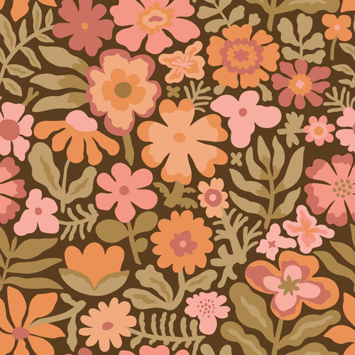 ESTAhome behang bloemetjes bruin, oranje en groen - 50 x 900 cm - 132295