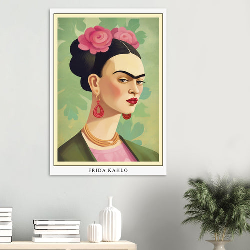 Artfulprints Poster met Lijst Frida Kahlo - Floral icon portrait   - 50x70 cm - Groen