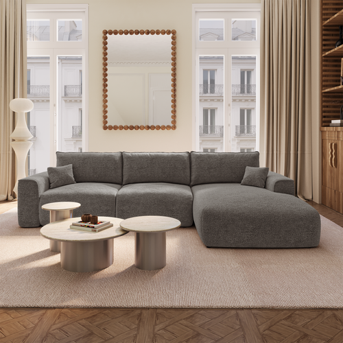 Premium Interiors - Rechthoekige hoekbank met slaapfunctie en opbergruimte COMO - bouclé-stof grafietgrijs 297cm