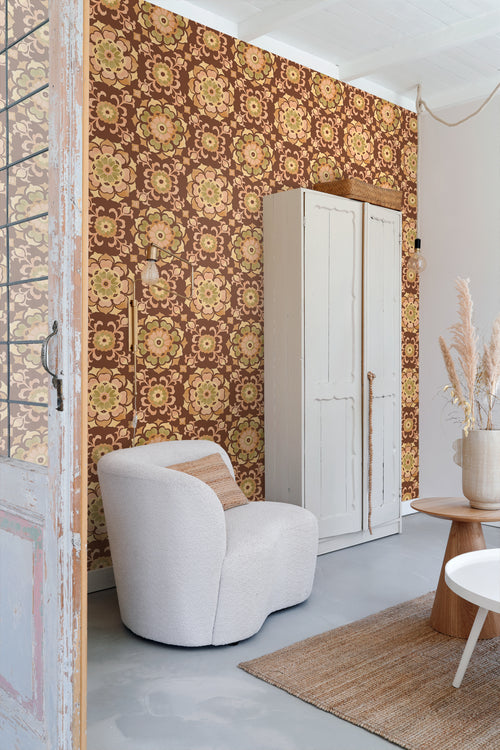 ESTAhome behang tegelmotief bruin en geel - 50 x 900 cm - 131685