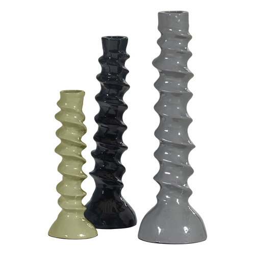 WOOOD kandelaar Bexi - Metaal - Grijs/Groen - Set Van 3 - 28x9x9