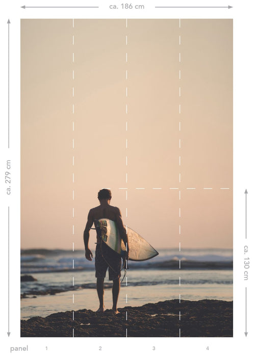ESTAhome fotobehang surfer met surfplank avondrood, blauw en zwart - 186 x 279 cm - 158847 - vtwonen shop