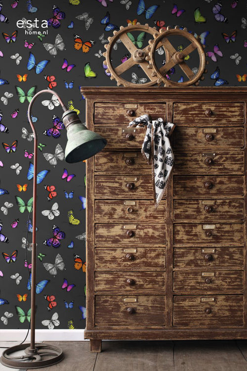 ESTAhome behang vlinders multicolor op zwart - 53 cm x 10.05 m - 138508