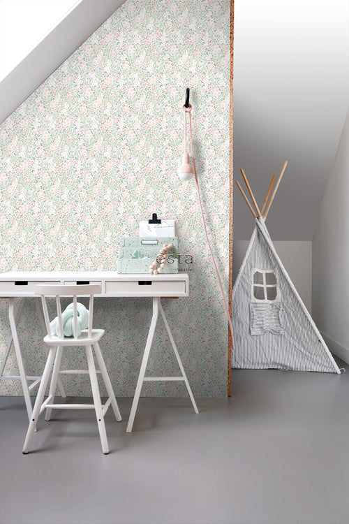 ESTAhome behang bloemetjes zacht roze en groen - 53 cm x 10.05 m - 139532