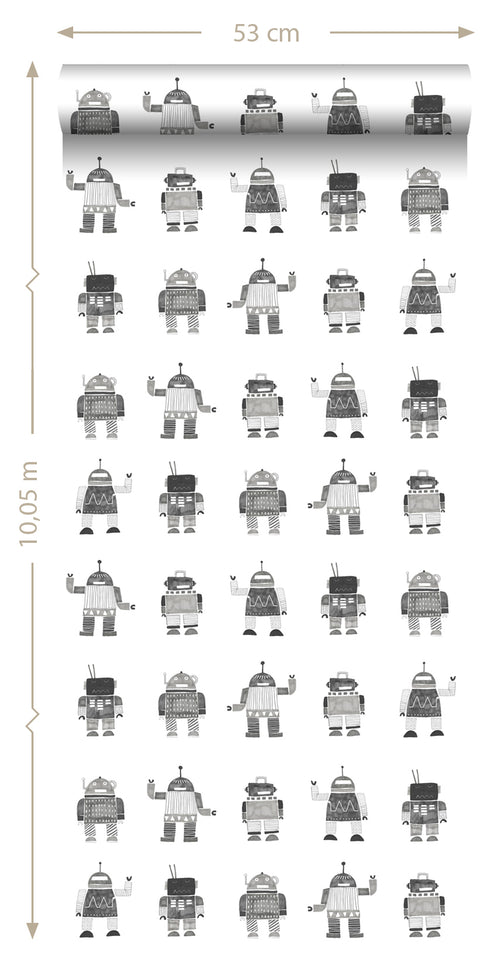 ESTAhome behang getekende vintage speelgoed robots zwart en wit - 53 cm x 10.05 m - 138939