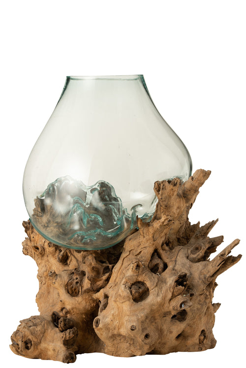 J-Line vaas op voet Gamal - hout/glas - naturel - transparant - extra large - 78.5 cm hoog - vtwonen shop