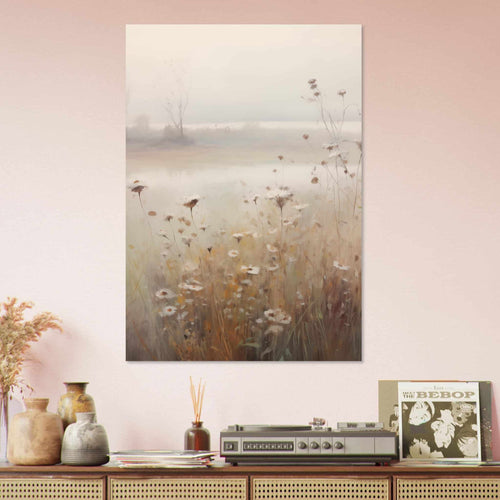 Artfulprints Poster met Lijst Foggy flowerfield 1   - 70x100 cm - Taupe