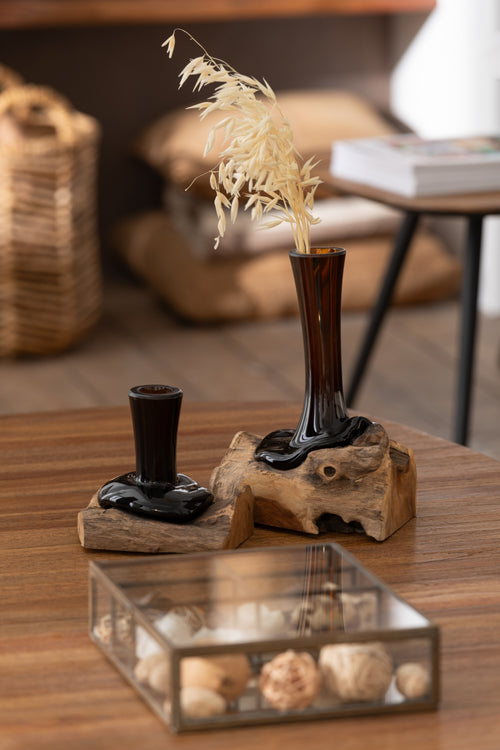 J-Line vaas op voet Gamal - hout/glas - naturel/bruin - medium - 17 cm hoog