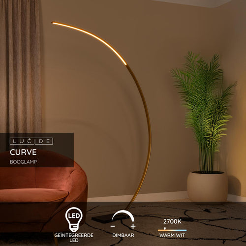 Lucide booglamp CURVE - Geïntegreerde LED - Mat Goud / Messing - vtwonen shop
