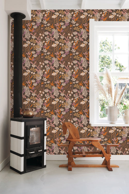 ESTAhome behang tropische bladeren en bloemen bruin, paars en meerkleurig - 50 x 900 cm - 130998 - vtwonen shop