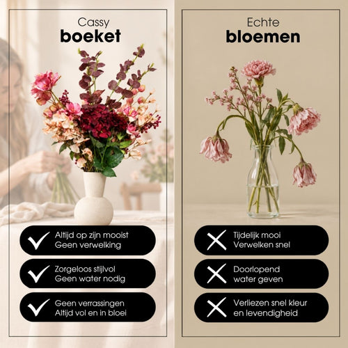 Mica Decorations Cassy Boeket Roze met 18 Stelen - Kunstboeket van Polyester in Roze en Bordeaux Tinten - Bloemenboeket voor Vaas of Dressoir - Lengte