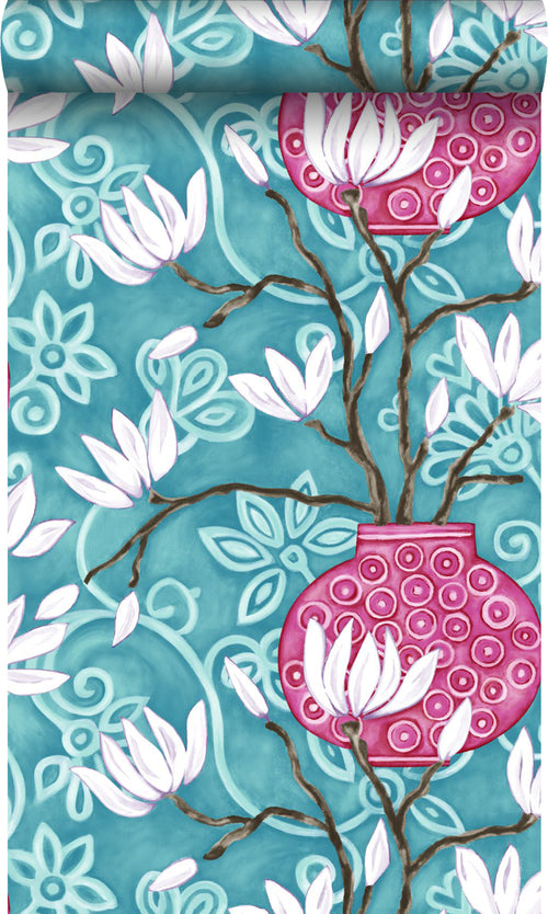 Origin Wallcoverings behang magnolia turquoise en roze - 53 cm x 10,05 m - 346925 - vtwonen shop