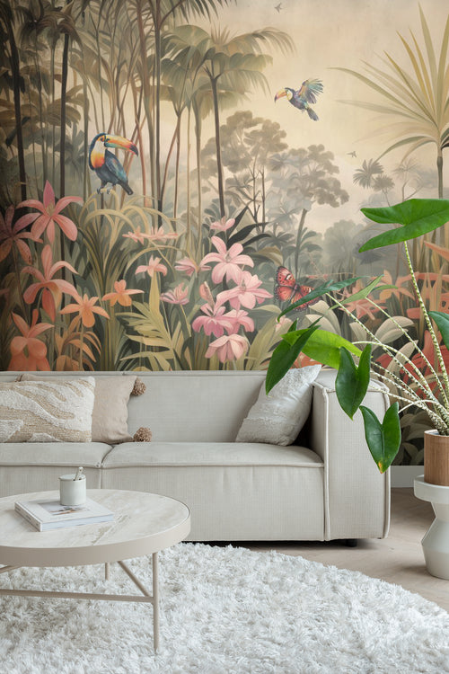 ESTAhome fotobehang jungle met dieren groen, roze en beige - 400 x 279 cm - 159455 - vtwonen shop