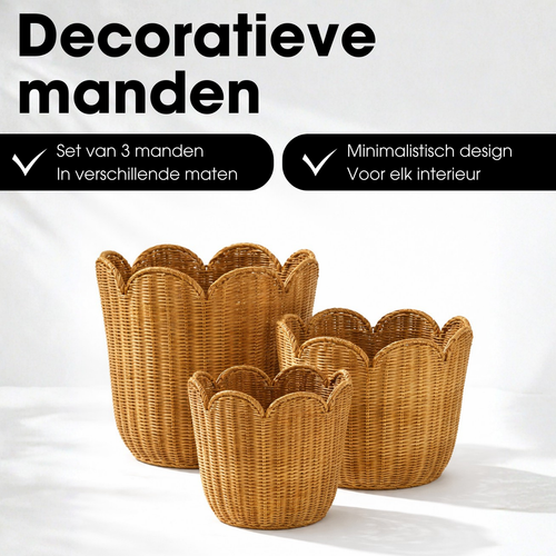 Mica Decorations Opbergmand met Handvatten - Set van 3 Opbergmanden - Woondecoratie en Opbergen - H26 x Ø25 cm, H30 x Ø29 cm en H35 x Ø34 cm - Bruin