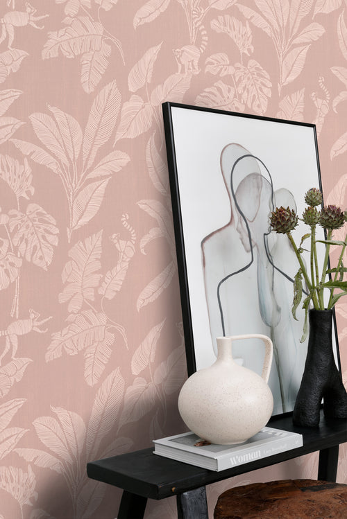 ESTAhome behang apen en jungle bladeren oudroze - 50 x 900 cm - 139860