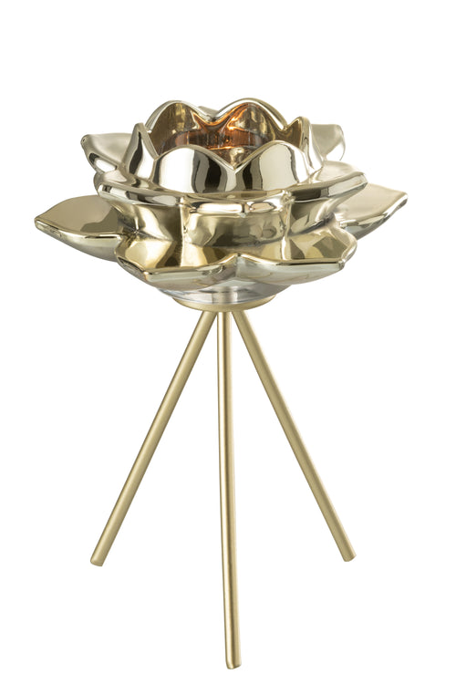 J-Line theelichthouder op voet Bloem - glas - goud - large - vtwonen shop