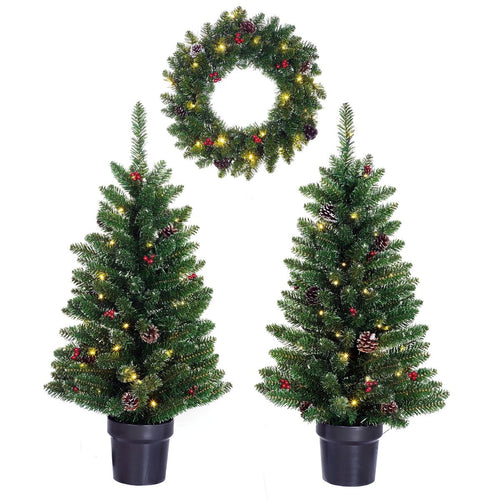 Black Box Trees Creston Kerstboom en Kerstkrans Set - 2 Kunstkerstbomen en 1 Krans met LED Verlichting - Groen