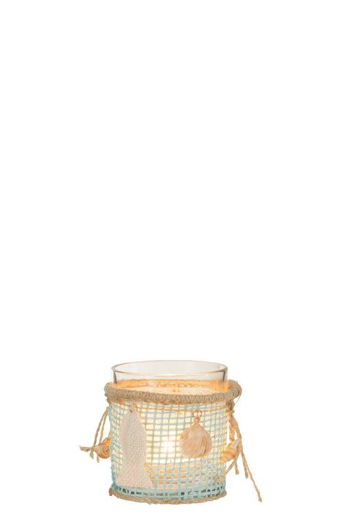 J-Line kaarshouder Zee - glas - blauw/wit - 2 stuks