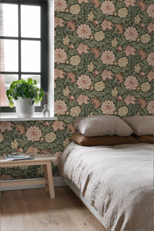 ESTAhome behang vintage bloemen vergrijsd groen en terracotta roze - 53 cm x 10.05 m - 139381