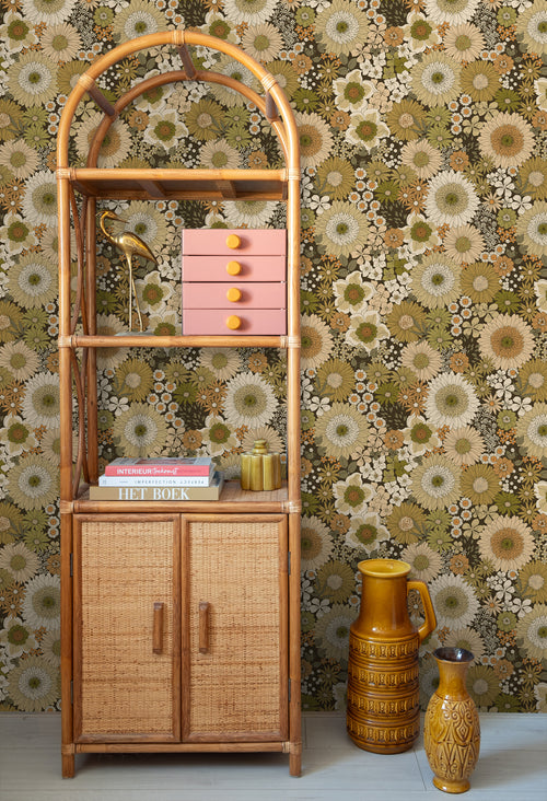 ESTAhome behang retro bloemen olijfgroen en oranje bruin - 50 x 900 cm - 131317 - vtwonen shop