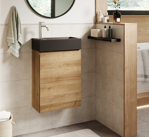 Badplaats Toiletmeubel Angela 40 x 22 cm – Eiken – Fonteinmeubel met Zwarte Wastafel