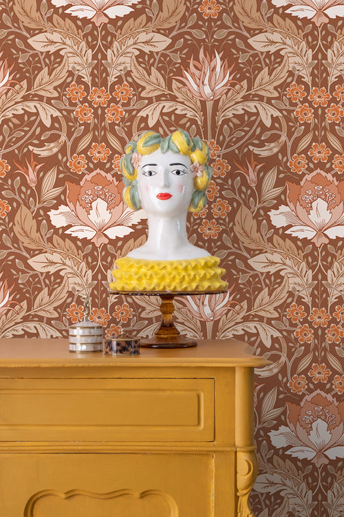 ESTAhome behang vintage bloemen in art nouveau stijl terracotta bruin - 50 x 900 cm - 131080 - vtwonen shop