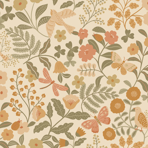 ESTAhome behang bloemen en vogels oranje en vergrijsd groen - 53 cm x 10.05 m - 131393 - vtwonen shop