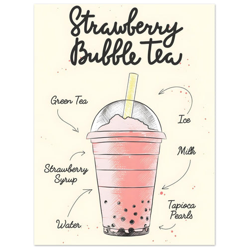 Artfulprints  Strawberry Bubble Tea – Ingrediënten   poster 30x40 cm