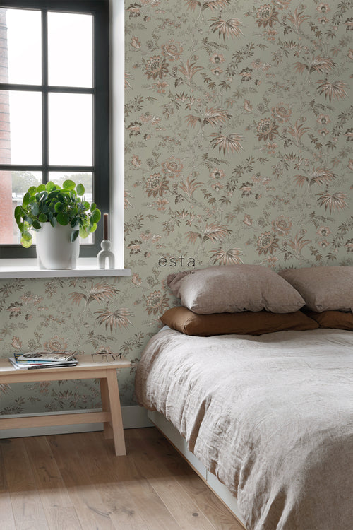 ESTAhome behang vintage bloemen vergrijsd mintgroen en zacht roze - 53 cm x 10.05 m - 139297