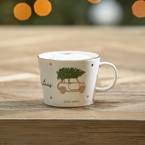 Rivièra Maison Mok, Kerstmok, Koffiemok, Theemok met oor - RM Driving Home For Christmas Mug 300 ml - wit - set van 2 stuks - Porselein - Wit - vtwonen shop